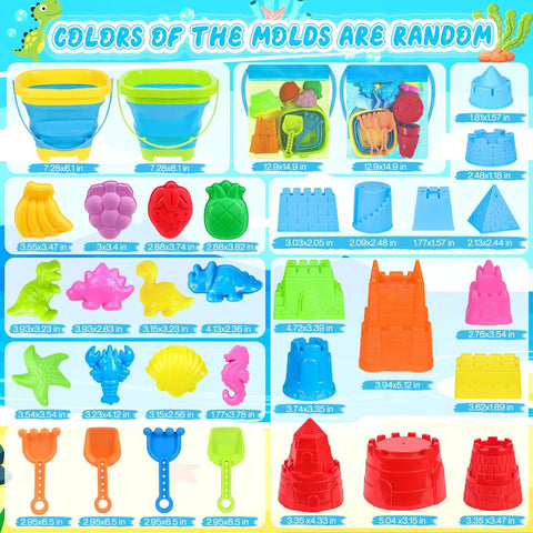 Collapsible Beach Toys Set For Kids And Toddlers 32 Piece Sandbox Kit with colorful molds, buckets, sea animals, dinosaurs, and tools.