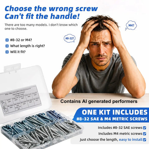 Image of man stressed over choosing screws from a kit containing Top Tier Cabinet Pull Screws And Dresser Drawer Knob Fasteners With Rock Solid 8-32 And Metric M4 Threads Perfect For Kitchen Cupboard Upgrades Closet Hardware Packs Dead Simple 130 Piece No Stress Build.