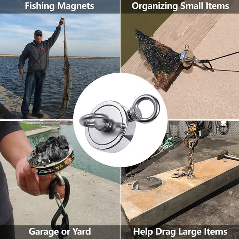 VNDUEEY 760 LBS magnet fishing kit, 4-piece set with grappling hook, 65ft rope, gloves, carabiner, 2.36-in round magnet