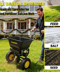 Man using Pro Grade Walk Behind Broadcast Spreader For All Season Lawn Care And Commercial And Residential Use With 100Lb Hopper