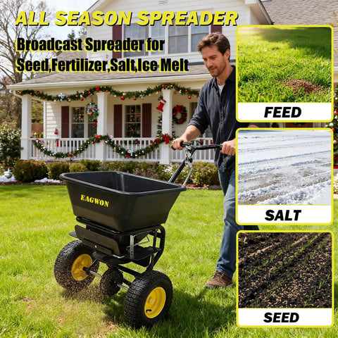 Man using Pro Grade Walk Behind Broadcast Spreader For All Season Lawn Care And Commercial And Residential Use With 100Lb Hopper