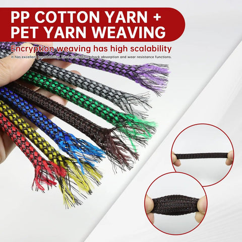 Expandable Braided Cable Sleeve With PP Yarn And PET Blend, colorful braided coverings, flexible, durable, shown in close-up view.