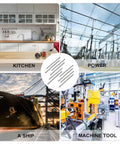 Composite image showing a kitchen, power grid, ship, and machine tool, illustrating varied industrial applications.