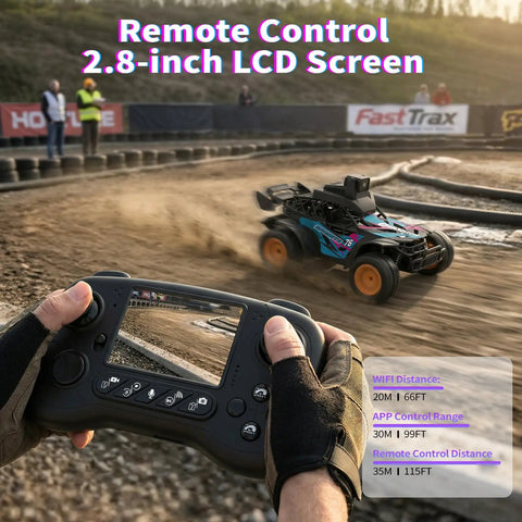 Off Road Car With Camera, 2.4GHz Remote Truck With 2.8-Inch LCD Screen on remote, racing on track, live video display visible