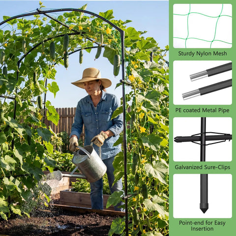 Ultra Tall Garden Arch Trellis For Climbing Plants 87 Inch Metal Plant Support Archway Perfect For Vines Grapes Cucumbers Flowers And Veggies Outdoor Yard Lawn Garden Tunnel Archway in use with woman and cucumbers climbing.