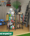 Garden Tool Organizer For Garage And Shed, 3 Tier Yard Tool Storage Rack With 35 Long Handled Slots, in shed with tools and hooks
