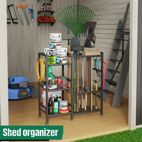 Garden Tool Organizer For Garage And Shed, 3 Tier Yard Tool Storage Rack With 35 Long Handled Slots, in shed with tools and hooks