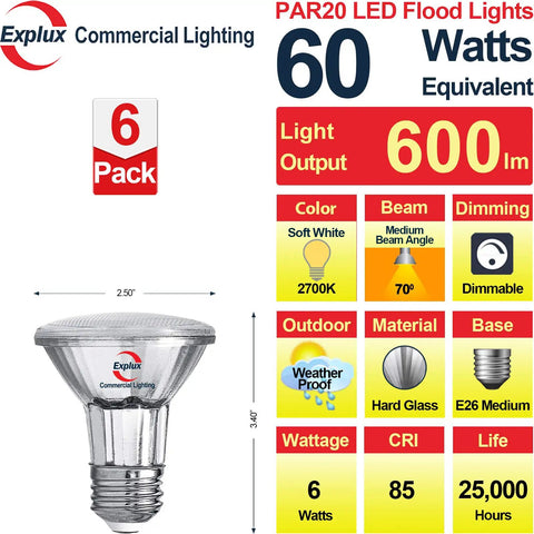 Commercial Grade Led Par20 Flood Light Bulbs 60W Equivalent 600 Lumens Dimmable Full Glass Waterproof Aging Soft White 2700K 6 Pack