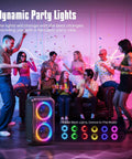 Epic 180W Peak Party Bluetooth Speaker with LED lights for outdoor raves in group party setting, focus on sound and lighting features.