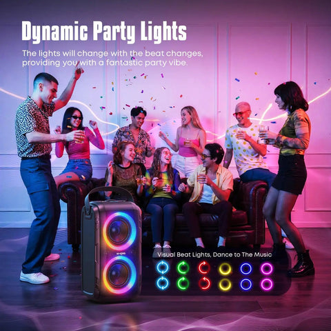 Epic 180W Peak Party Bluetooth Speaker with LED lights for outdoor raves in group party setting, focus on sound and lighting features.