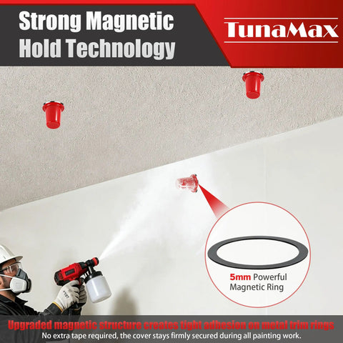 Paint Proof Magnetic Fire Sprinkler Head Covers 10 Pack Reusable Overspray Shields For Contractor Renovation And Interior Painting Jobsites In Bold Red attached to ceiling with spray painting.