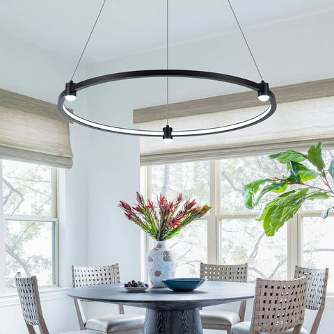 Dope Sleek Black Circular Ring LED Pendant Light Dimmable Ceiling Fixture 23.6 Inch Hanging Pendant in dining room setting.