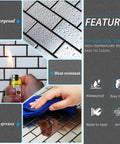 Features of Stainless Steel Peel And Stick Backsplash Tiles Set Of 10 Sheets With 3D Metal Subway Silver Brick Mosaic showing waterproof, heat-resistant, anti-greasy benefits.