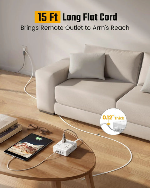 12 In 1 Surge Protector Power Strip With 15 Ft Flat Plug, 8 AC Outlets, 2 USB-C Ports, 2 USB-A Ports, 4-Side Design To Prevent Outlet Blockage, Overload Protection, Power Up Your Home Office And Entertainment Setup in living room