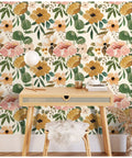Vintage Boho Floral Peel And Stick Wallpaper With Peonies In Rose Beige Pink And Olive Removable Vinyl in living room scene