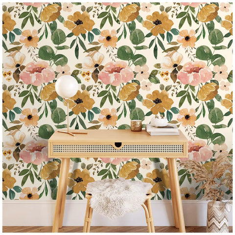 Vintage Boho Floral Peel And Stick Wallpaper With Peonies In Rose Beige Pink And Olive Removable Vinyl in living room scene