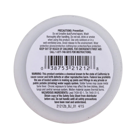Back label of Leaded Rosin Core Solder With Flux, 40/60 Tin Lead Alloy, 1/8 Inch Diameter, safety warnings visible
