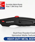 Premium Utility Knife, Retractable All Metal Heavy Duty Box Cutter With Quick Change Blade side view, durable matte finish.