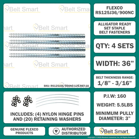 Heavy Duty Alligator Conveyor Belt Staple Fastener Kit With Pre Installed Strips For Quick Rubber Belt Splice Repair Includes Nylon Hinge Pins And Retaining Washers, four sets with 36" width.