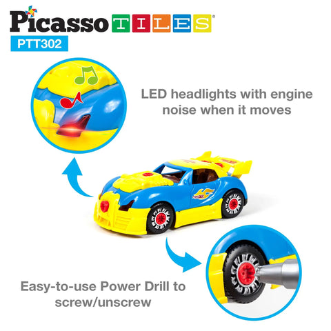 Take Apart Race Car Build Kit With LED Lights And Realistic Engine Sound Includes Mini Electric Drill And Screws