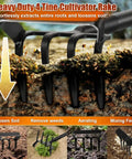Heavy-duty 4 tine cultivator rake loosens soil, removes weeds, and aerates for compost mixing in garden beds.