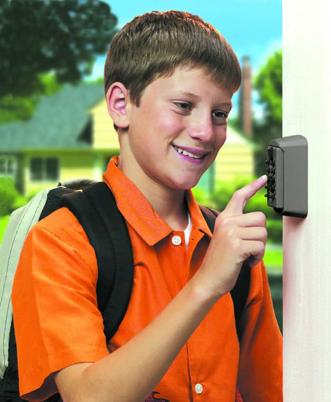 Child using Slimline Push Button Key Safe 2 Pack Permanent Wall Mount Key Lock Box With Combination Easy 2 Key Storage
