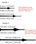 Clock hands size chart for Long Shaft Quartz Wall Clock Movement With Metal Hook For DIY Repair Replacement Battery Operated Mechanism.