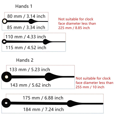Clock hands size chart for Long Shaft Quartz Wall Clock Movement With Metal Hook For DIY Repair Replacement Battery Operated Mechanism.