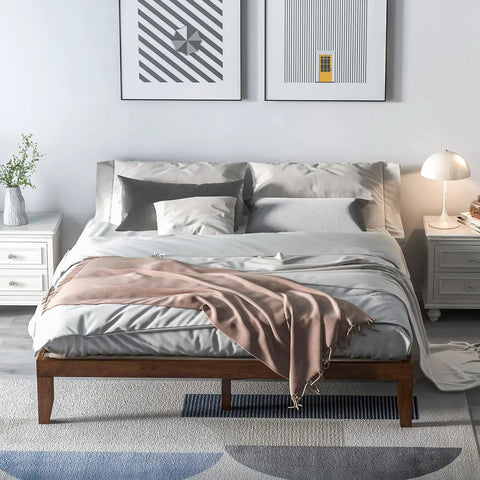 Rock Solid King Platform Bed Frame 14 Inch Profile Genuine Rubber Wood Heavy Duty Slat Support Premium Mattress Foundation No Box Spring Needed Hassle Free Setup Dark Walnut displayed with gray bedding and pillows.