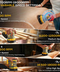 6 variable speed settings for Cordless Palm Sander Tool Only Brushless Motor 5 Inch Random Orbital Sander, RPM ranges shown.
