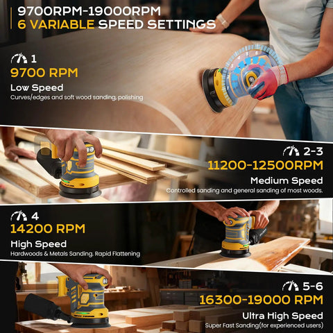 6 variable speed settings for Cordless Palm Sander Tool Only Brushless Motor 5 Inch Random Orbital Sander, RPM ranges shown.