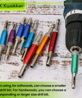 Front view: K Kwokker self-centering drill bit set with colorful anodized aluminum handles and hex shanks, sizes 5/64–1/4 in