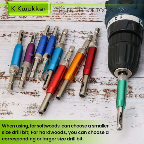 Front view: K Kwokker self-centering drill bit set with colorful anodized aluminum handles and hex shanks, sizes 5/64–1/4 in