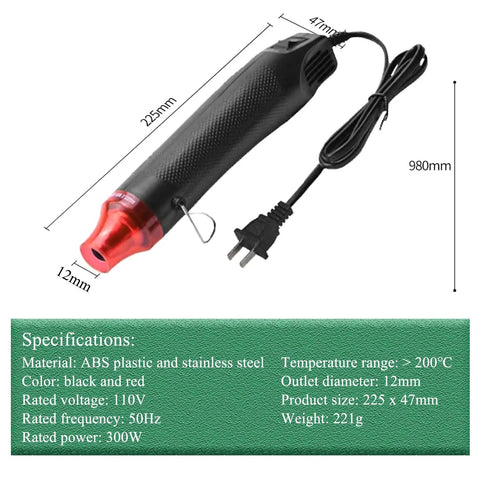 Handy 300W Heat Gun With Dual Temperature 392F And 662F, Portable Hot Air Tool, black and red, with specifications chart