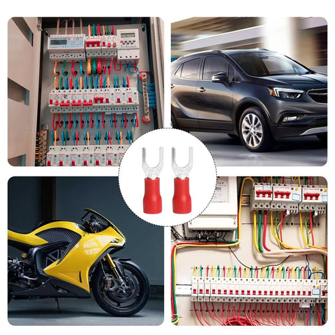 Electrical setups and vehicles with 200 Pcs Insulated Fork Spade Wire Connectors 22 To 16 AWG U Type Crimp Terminals