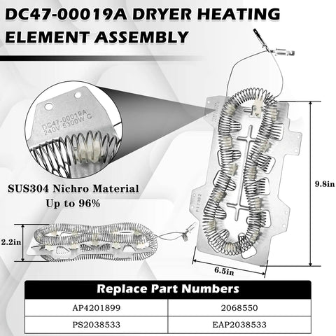 Dryer Heating Element Kit 5 Piece Replacement 5300W 240V with dimensions and part numbers displayed