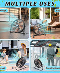 Multiple uses of 20 Inch High Velocity Industrial Drum Fan in garage, patio, travel, and construction site with strong airflow.