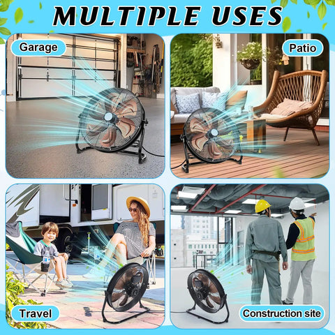Multiple uses of 20 Inch High Velocity Industrial Drum Fan in garage, patio, travel, and construction site with strong airflow.