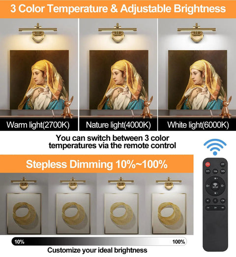 Cordless Picture Light For Wall Mount, Dimmable Art Lighting For Paintings With Remote, Battery Powered Wall Sconce, Brass Finish