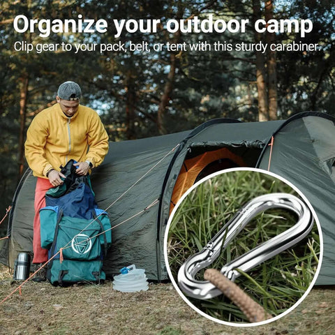 Man organizing camping gear outside tent with Stainless Steel Spring Snap Hook Carabiner Clips Set Of 6 For Camping Hiking Ropes Keys And Gear