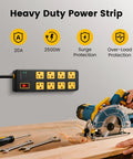 Heavy Duty Eight Outlet Power Strip With Twenty Amp Surge Protection And Six Foot Twelve Gauge Extension Cord For Workshop Garage And Kitchen Use 1960J Safety Shield mounted on wall with tools on a workbench
