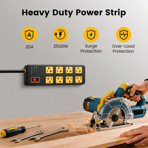 Heavy Duty Eight Outlet Power Strip With Twenty Amp Surge Protection And Six Foot Twelve Gauge Extension Cord For Workshop Garage And Kitchen Use 1960J Safety Shield mounted on wall with tools on a workbench
