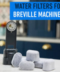Six Pack Water Filters For Breville Espresso Machines Replacement Filters with activated charcoal and renewable cotton on counter