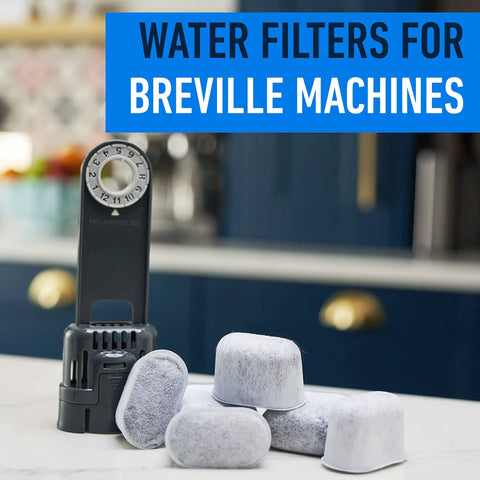 Six Pack Water Filters For Breville Espresso Machines Replacement Filters with activated charcoal and renewable cotton on counter