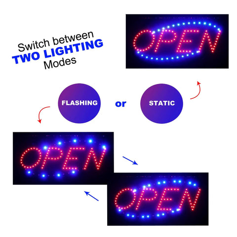LED Neon Open Sign For Business With Flashing Mode Horizontal LED Sign For Stores Includes Flashing and Static Lighting Modes