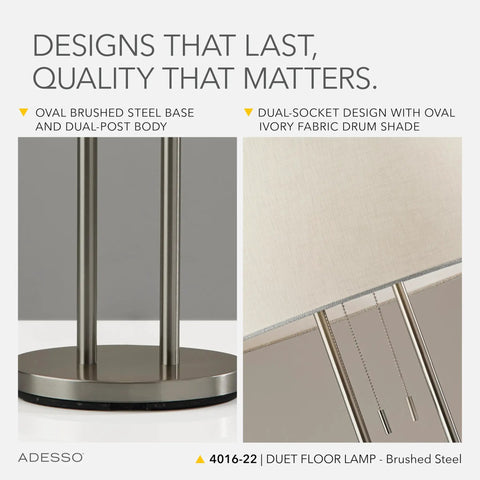 Close-up of Brushed Steel Floor Lamp With Ivory Fabric Shade, Dual Pull Chain And Double Socket Design, base and chains detail.