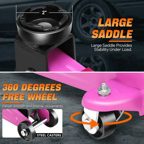 Beefy Low Profile Hydraulic Floor Jack And Ratchet Jack Stands Set with large saddle and 360-degree casters for stability.