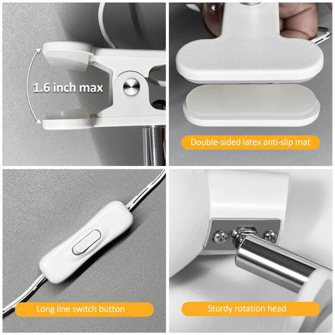 Lit Clip On LED Reading Light 5W 400LM With 330 Degree Rotation Clamp, anti-slip mat, switch, rotation head.
