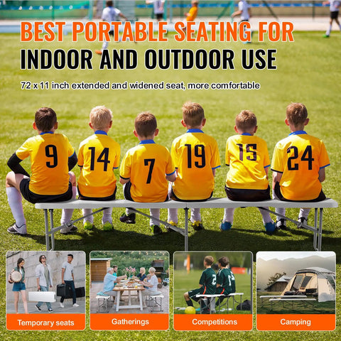 Children seated on Six Foot Plastic Folding Bench Set With Handles, Portable HDPE Waterproof Outdoor Seating For Picnics, Camping, Garden, And Soccer Playtime, Lightweight, No Assembly, Easy To Fold, 2 Pack, at a soccer field.