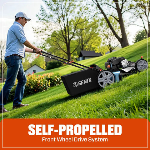 Person mowing lawn with Self Propelled Gas Lawn Mower Kit With 21 Inch Cut 170cc Engine 3 In 1 Deck Mulch Side Discharge